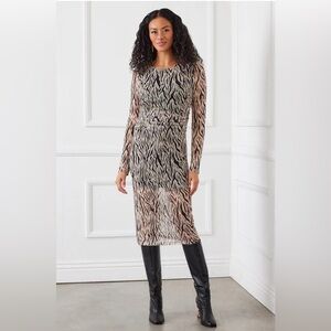 Karen Kane Black and ecru  Long Sleeve zebra print Sheath Dress. Size Medium.